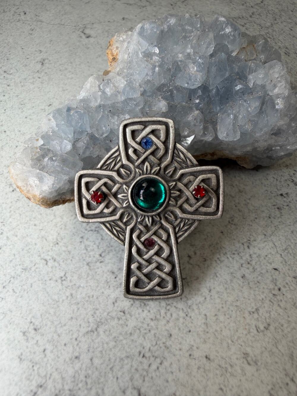 Vintage Ms. Dee Pewter Celtic Cross Brooch with earrings set Irish Religious